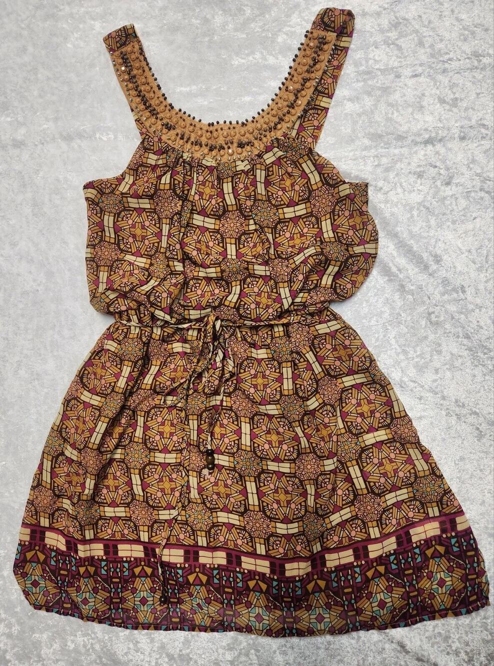 City Triangles Womens Brown & Yellow Geometric Beaded Neckline Dress-Size Small